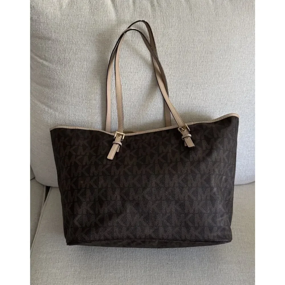 ⁠Michael Kors Tote Bag Brown Signature Monogram Large Purse Gold Charm Jet Set